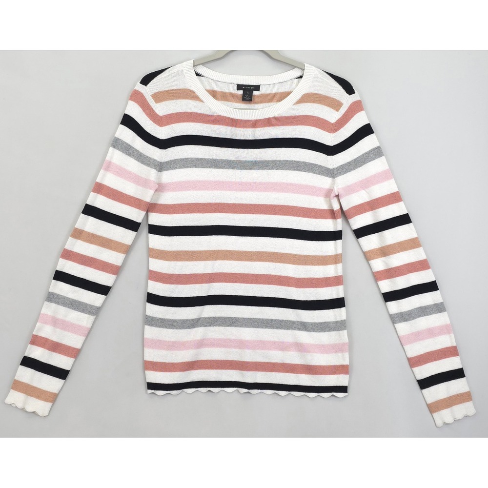 Halogen Sweater Women M Stripe Crew‎ Neck Long Sleeve Scallop Hem Cotton Blend